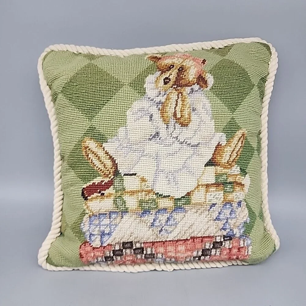 Vintage Needlepoint Pillow Sleepy Bear Blankets 9x9